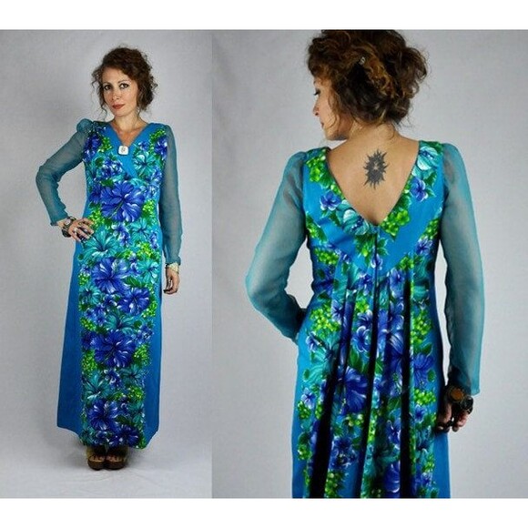 HAWAIIAN Maxi Dress Plunging LOW V Back & Long Sheer Sleeves Psychedelic Floral - Picture 1 of 5